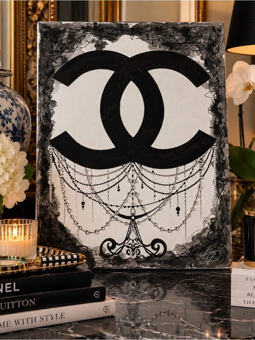 Signed 2015 Black White Fashion Canvas Art Glam Wall Decor